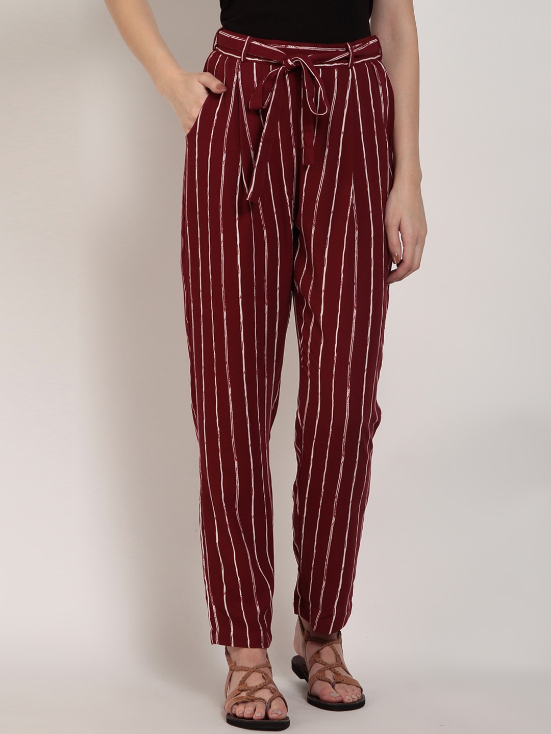 

RARE Women Maroon & White Regular Fit Striped Trousers