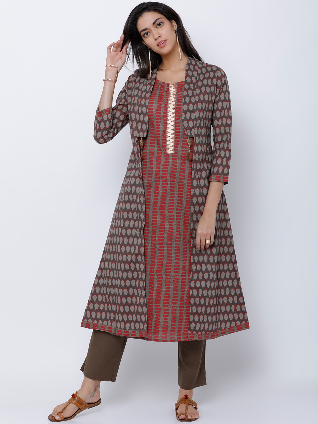 

Vishudh Women Brown & Red Printed A-Line Kurta