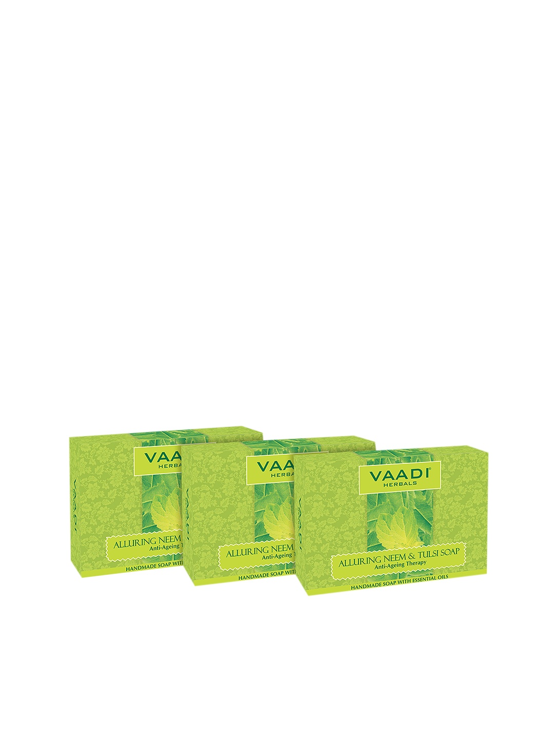 

Vaadi Herbals Set of 3 Alluring Neem & Tulsi Soaps with Vitamin E & Tea Tree Oil -75g each, Green