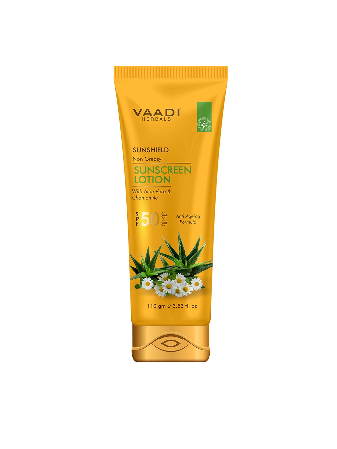 

Vaadi Herbals Unisex Non Greasy SPF-50 with Aloe Vera & Chamomile Sunscreen Lotion 110 g, Yellow