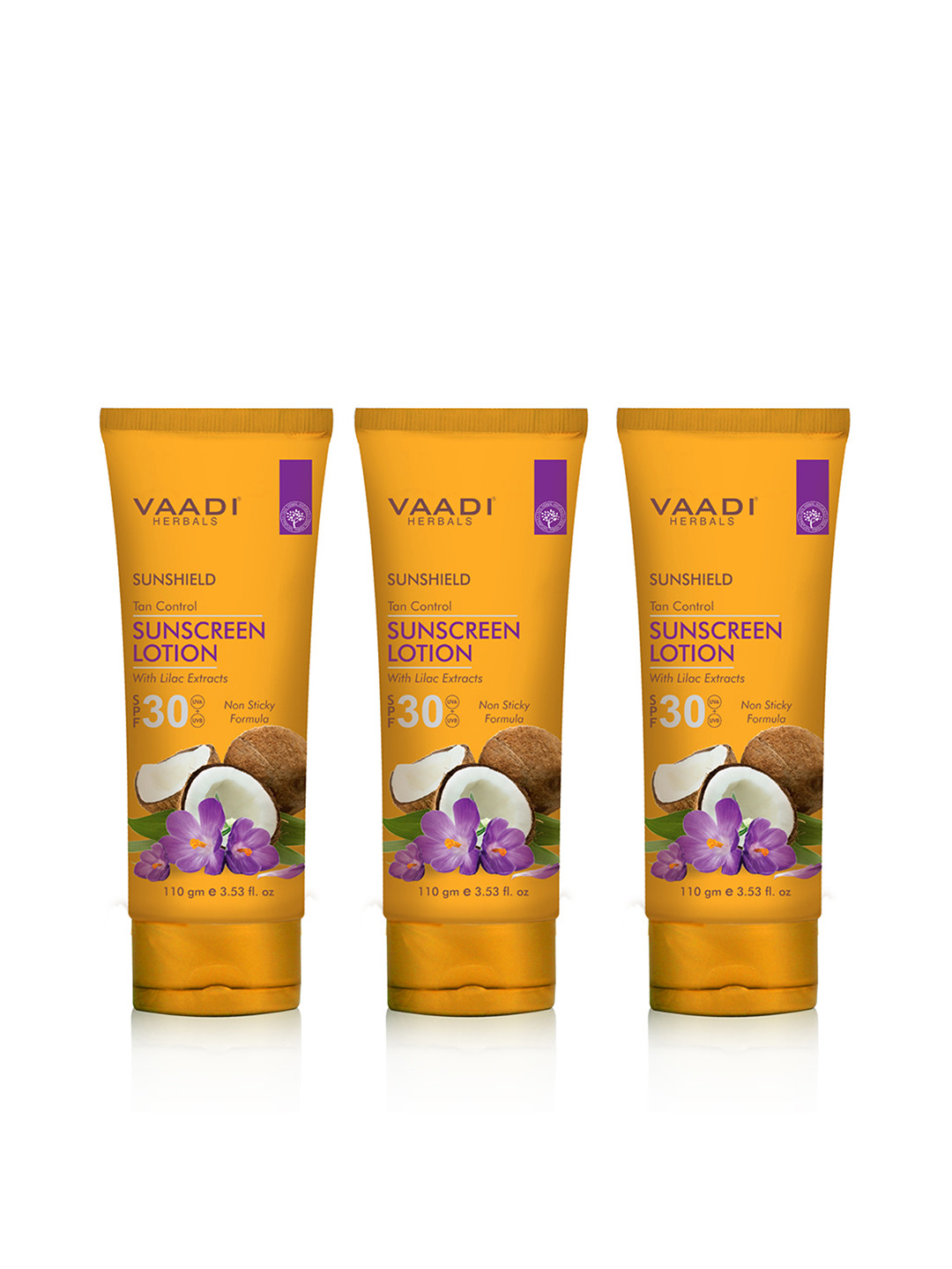 

Vaadi Herbals Unsiex Pack of 3 SPF-30 with Lilac Extract Sunscreen Lotion 110 g each, Yellow