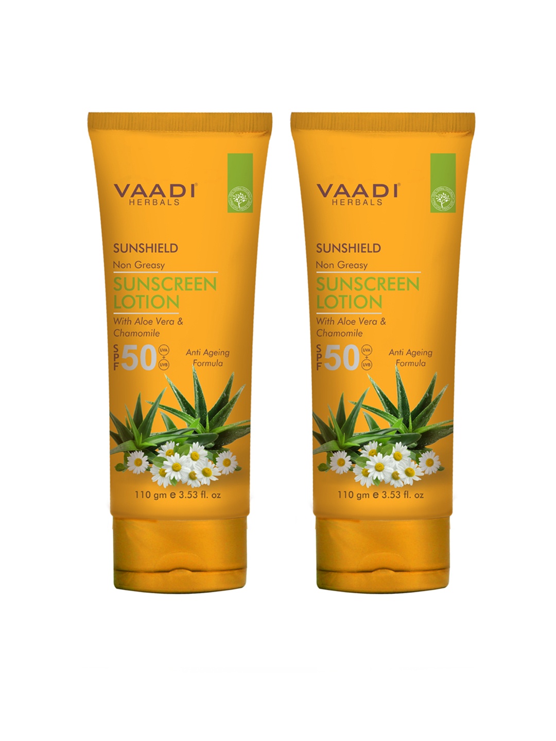 

Vaadi Herbals Pack of 2 SPF-50 with Aloe Vera & Chamomile Sunscreen Lotion 110 gm each, Yellow