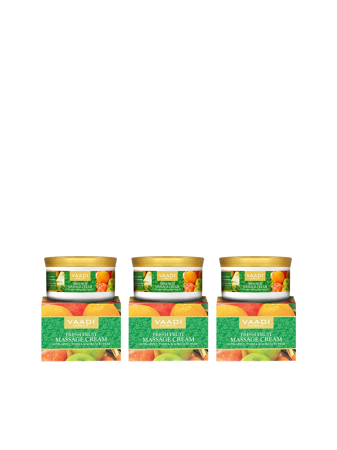 

Vaadi Herbals Pack of 3 Unisex Fresh Fruit Apple, Papaya, Kokum Butter Massage Cream 450gm, Yellow