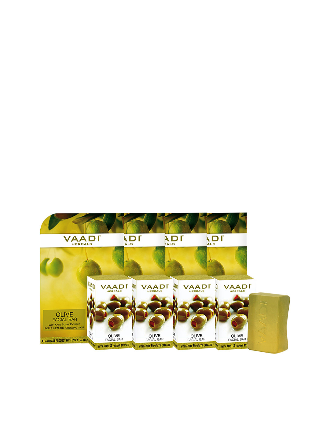 

Vaadi Herbals Set of 4 Olive Facial Bars with Cane Sugar, Apple & Papaya Extracts-25g each