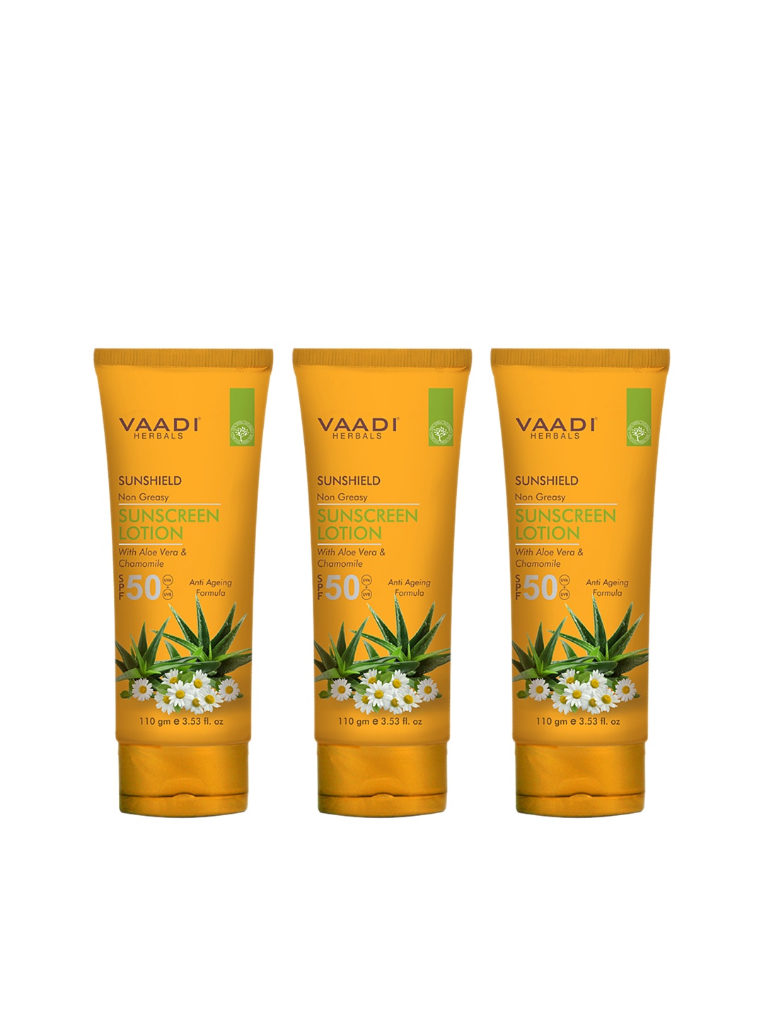 

Vaadi Herbals Unisex Pack of 3 SPF-50 Sunscreen Lotion With Aloe Vera & Chamomile, Yellow