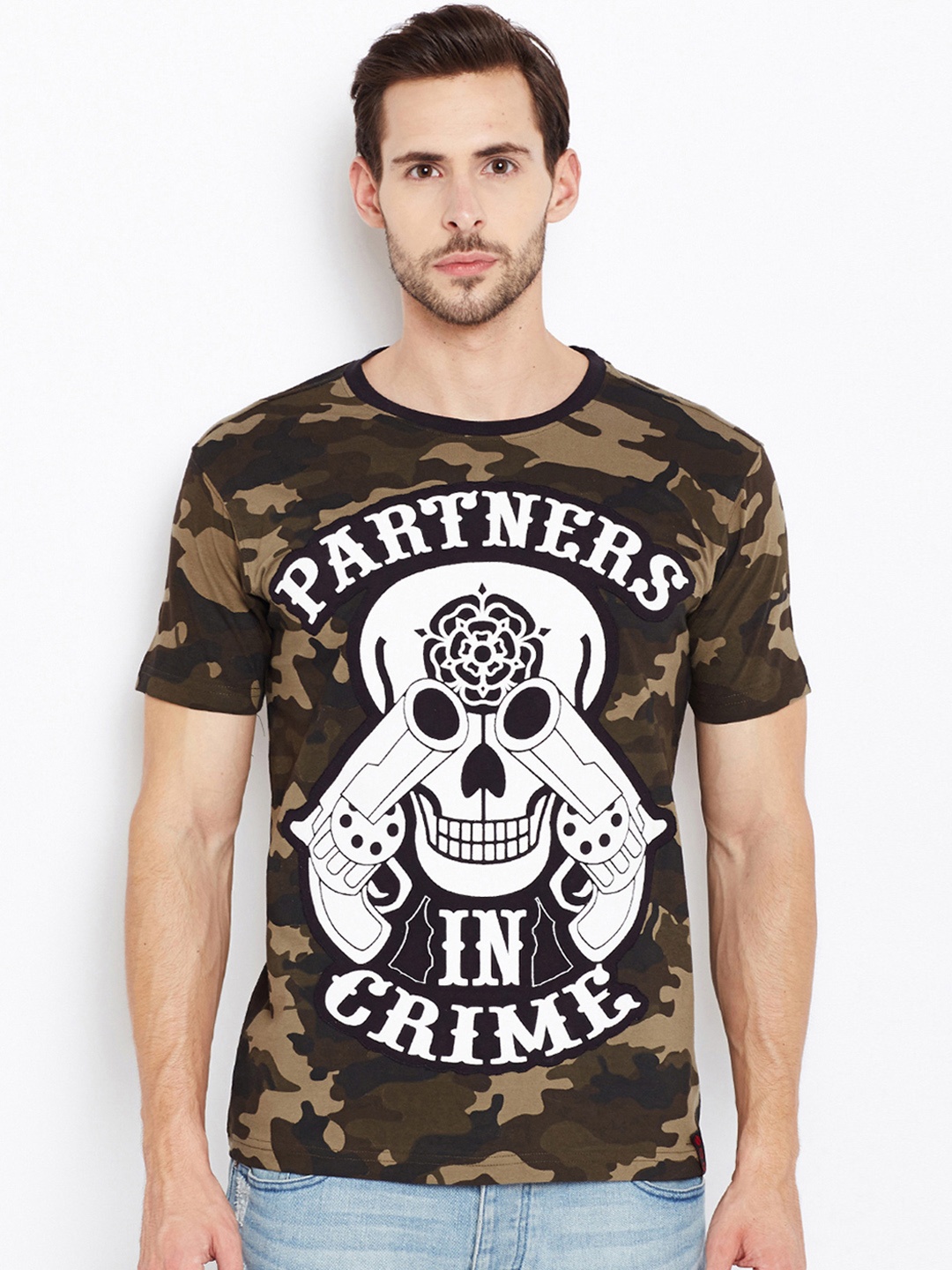 

PUNK Men Khaki Printed Round Neck T-shirt