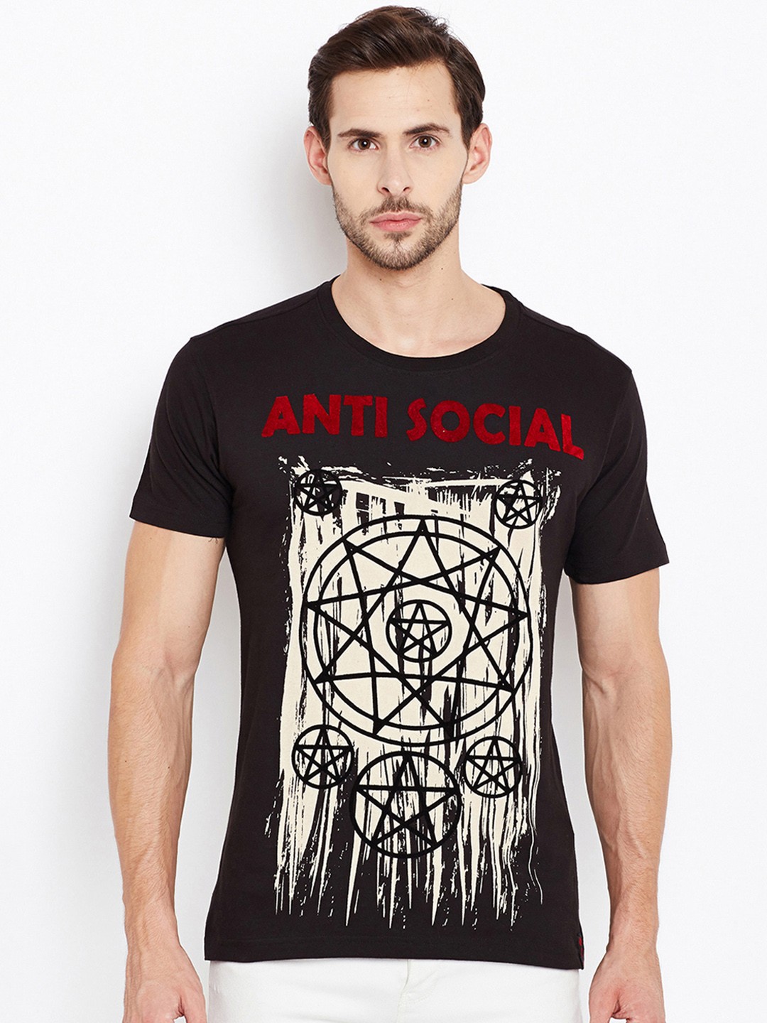 

PUNK Men Black Printed Round Neck T-shirt