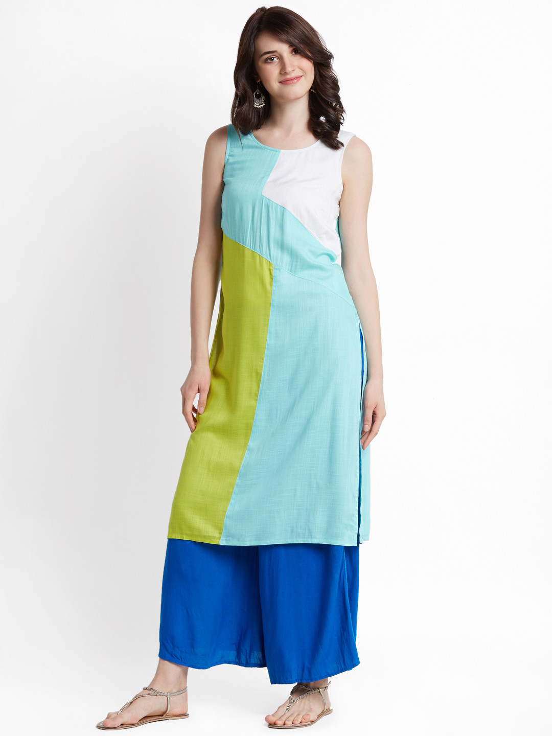 

RANGMANCH BY PANTALOONS Women Blue & Green Colourblocked Straight Kurta