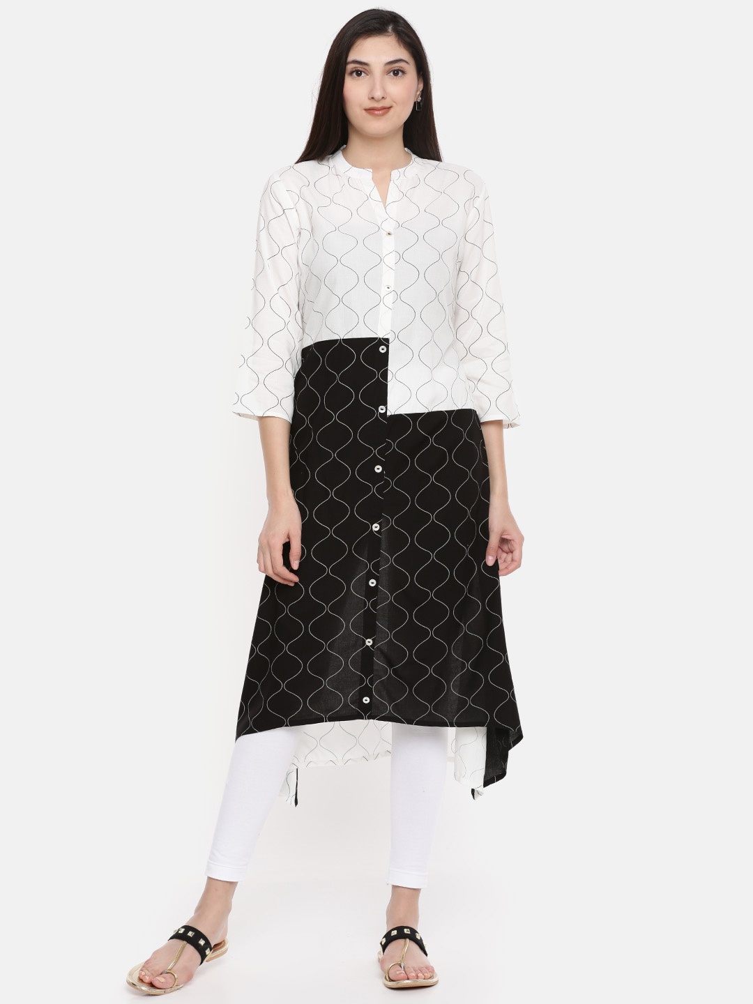 

RANGMANCH BY PANTALOONS Women Black & White Printed Straight Kurta