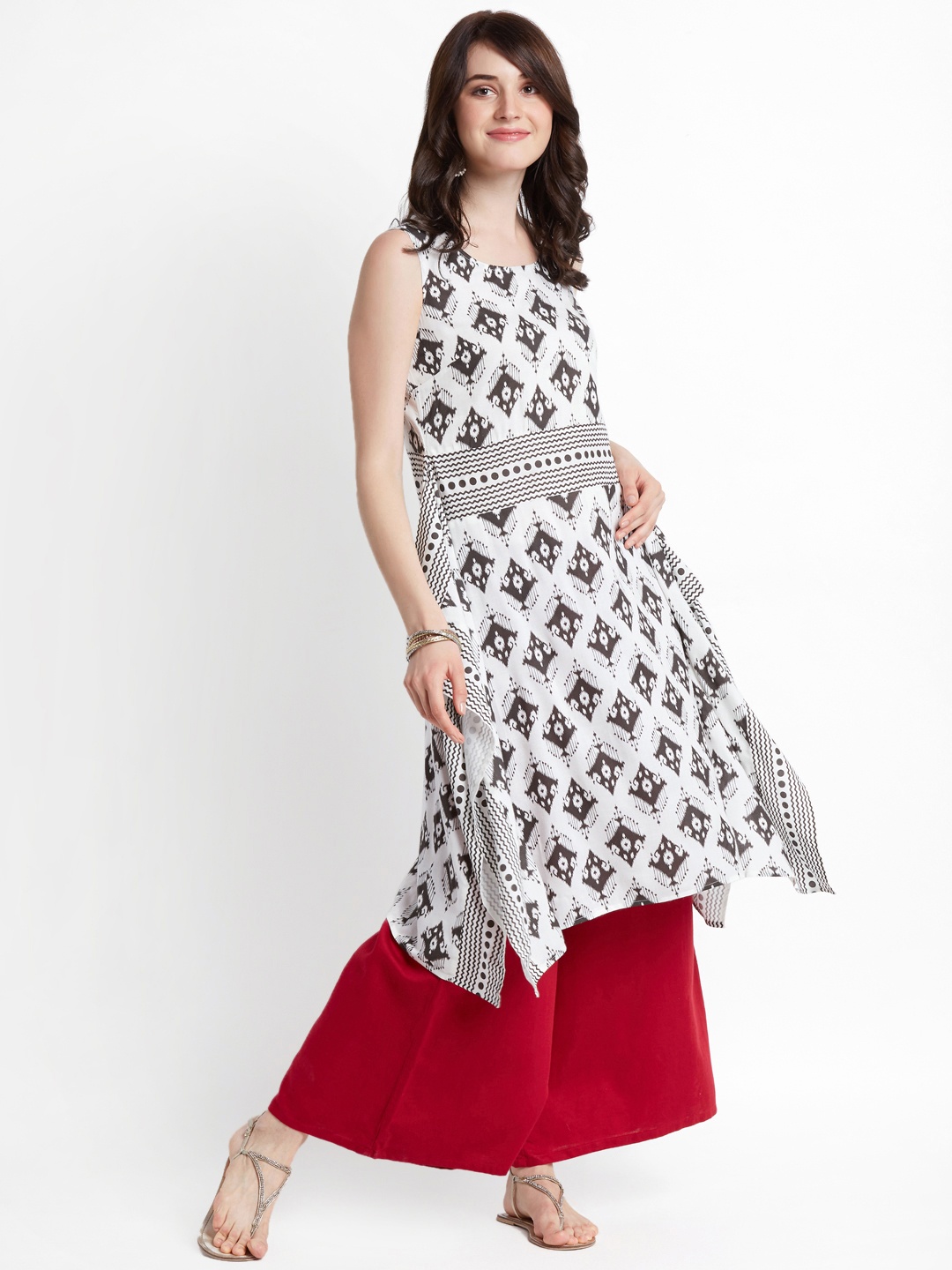 

RANGMANCH BY PANTALOONS Women White & Brown Printed A-Line Kurta