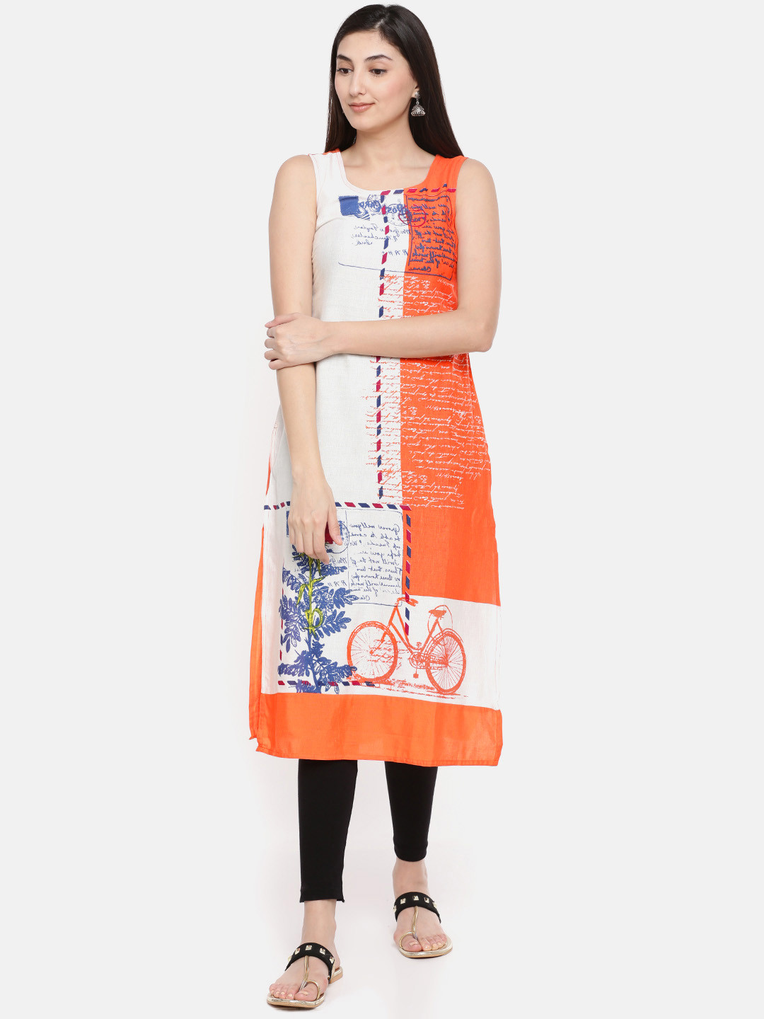 

RANGMANCH BY PANTALOONS Women Orange & Off-White Printed A-Line Kurta