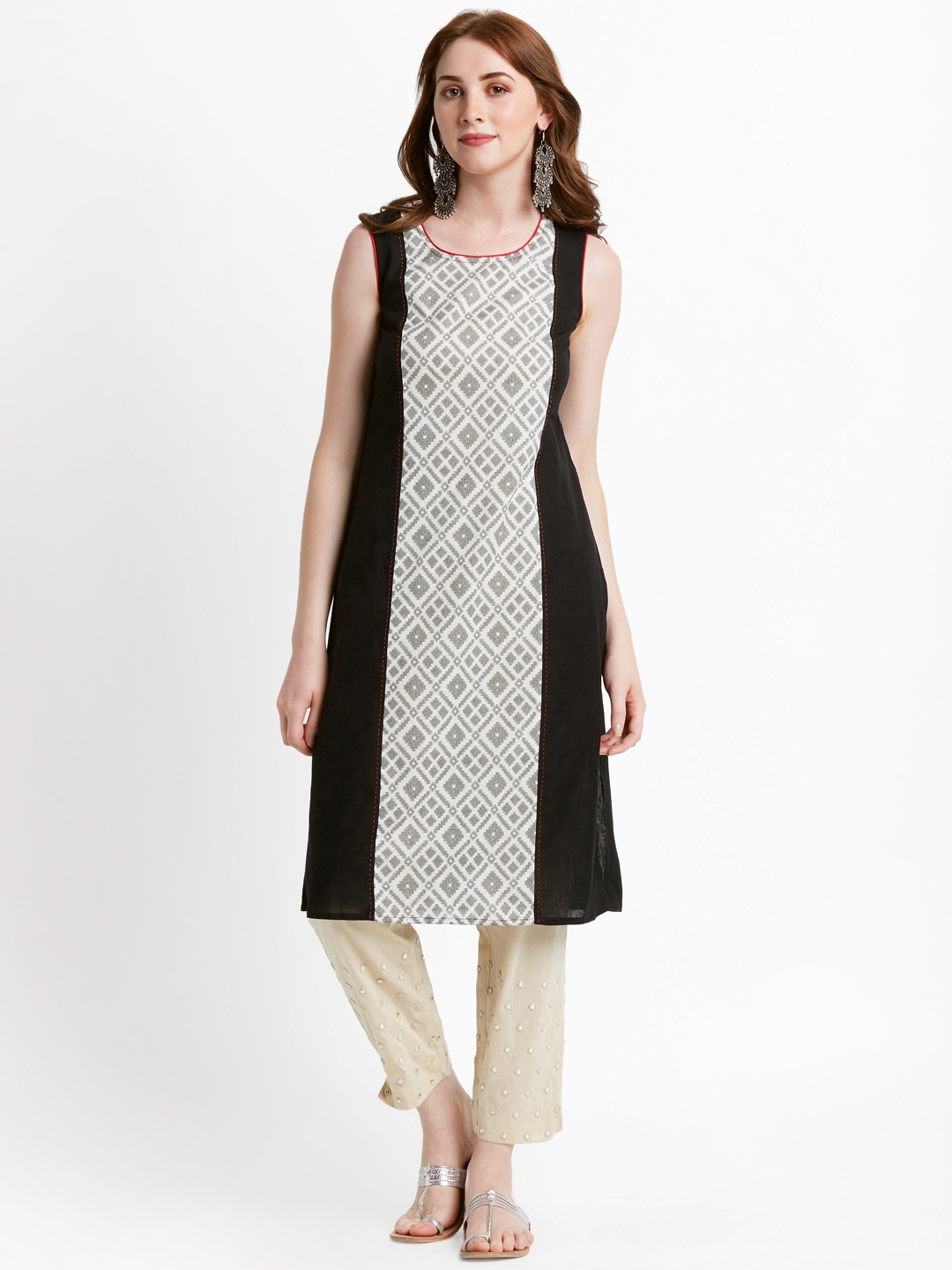 

RANGMANCH BY PANTALOONS Women Black & Beige Printed Straight Kurta