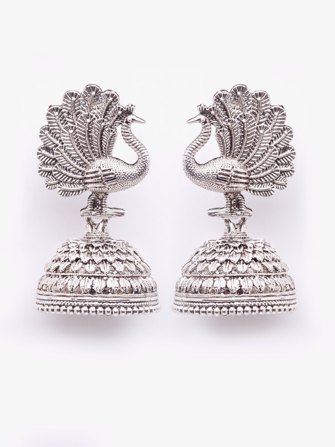 

Moedbuille Silver-Toned Peacock Shaped Jhumkas