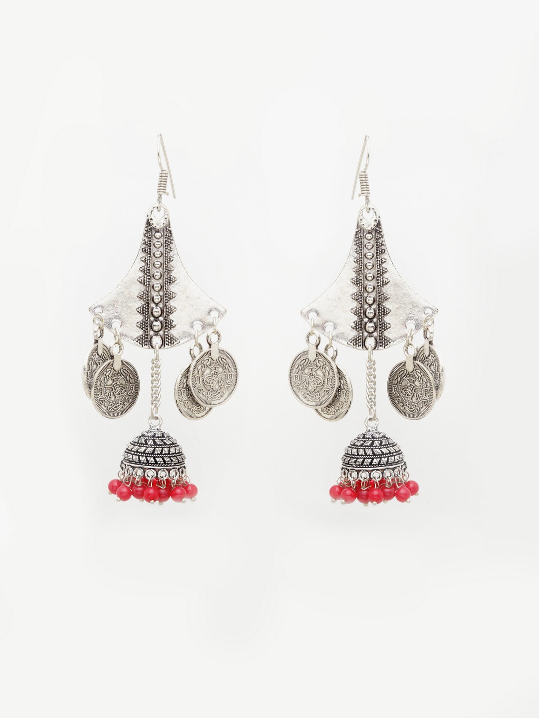

Moedbuille Silver-Toned & Red Quirky Jhumkas
