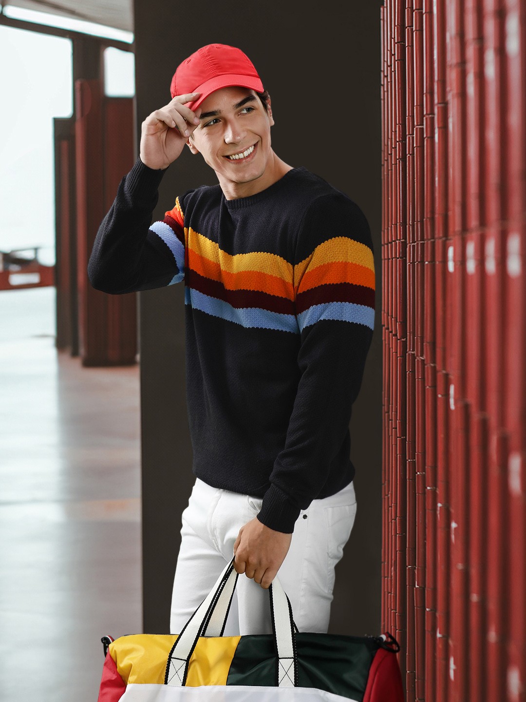 

Harvard Men Navy Blue Striped Revisited Nostalgia Cheerful Lanes Pullover