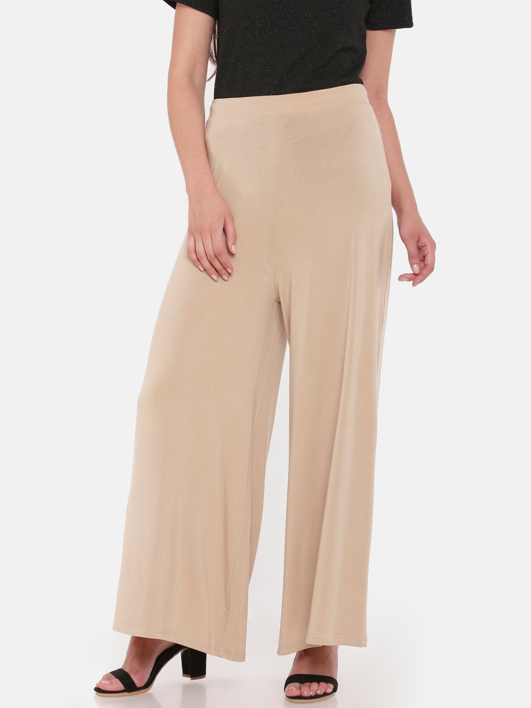 

Go Colors Women Beige Solid Wide Leg Knitted Palazzos