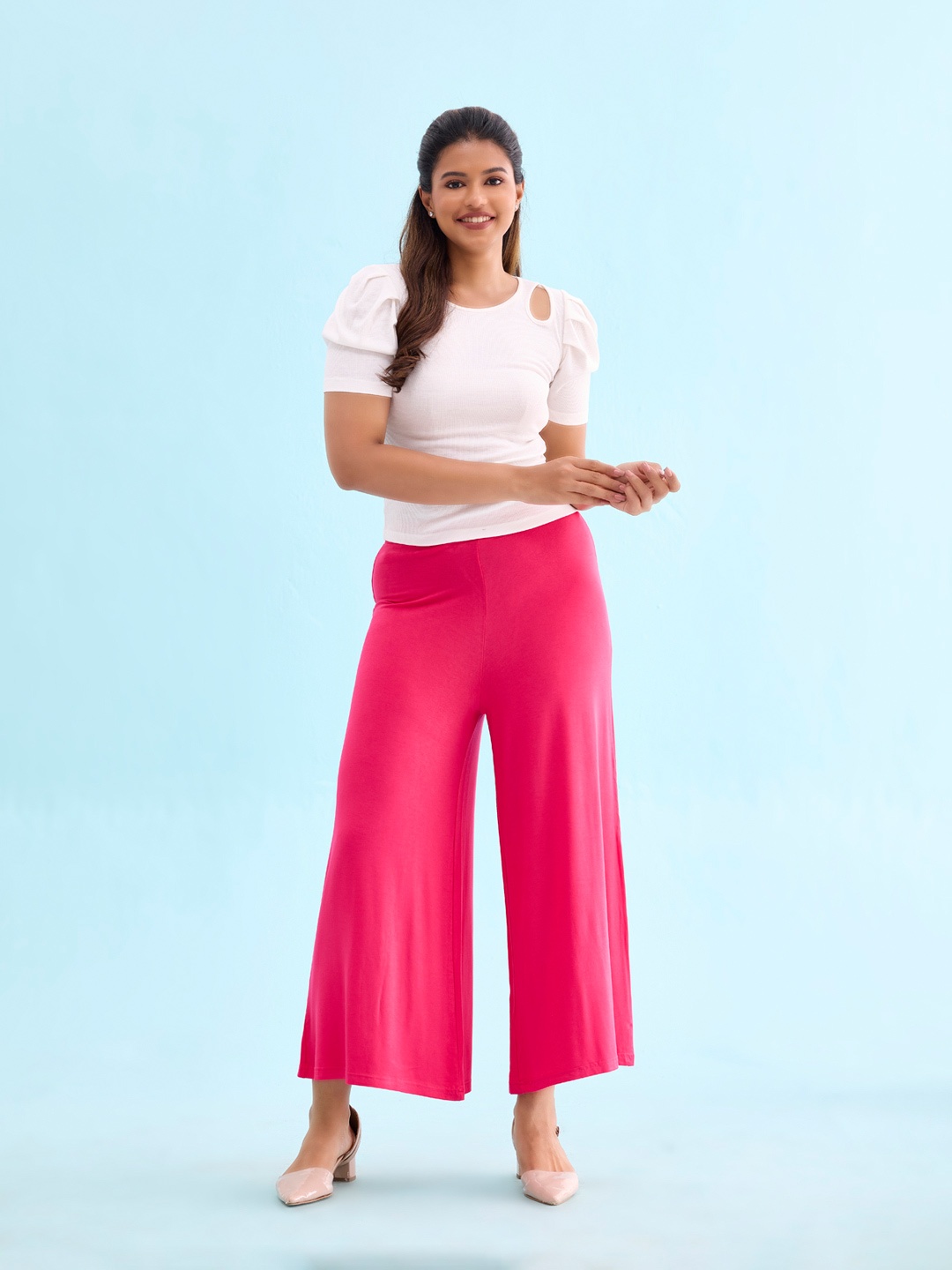 

Go Colors Women Pink Solid Wrinkle Resistant Wide Leg Palazzos