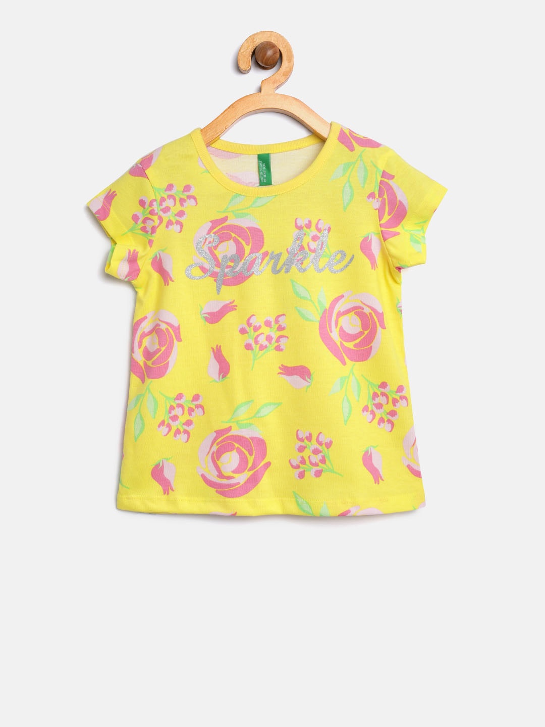 

United Colors of Benetton Girls Yellow Floral Print Round Neck T-shirt
