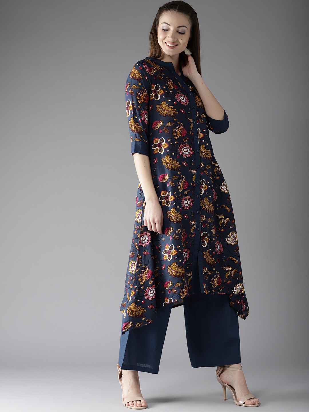 

HERE&NOW Women Navy Printed Kurta with Palazzos, Navy blue