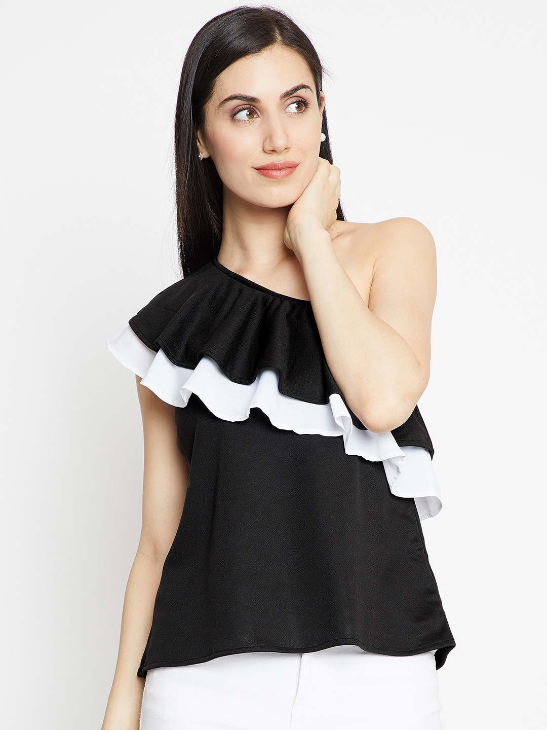 

Berrylush Women Black & White Colourblocked One Shoulder Top