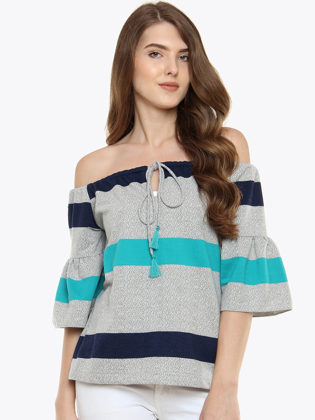 

Miss Chase Women Grey Striped Bardot Pure Cotton Top