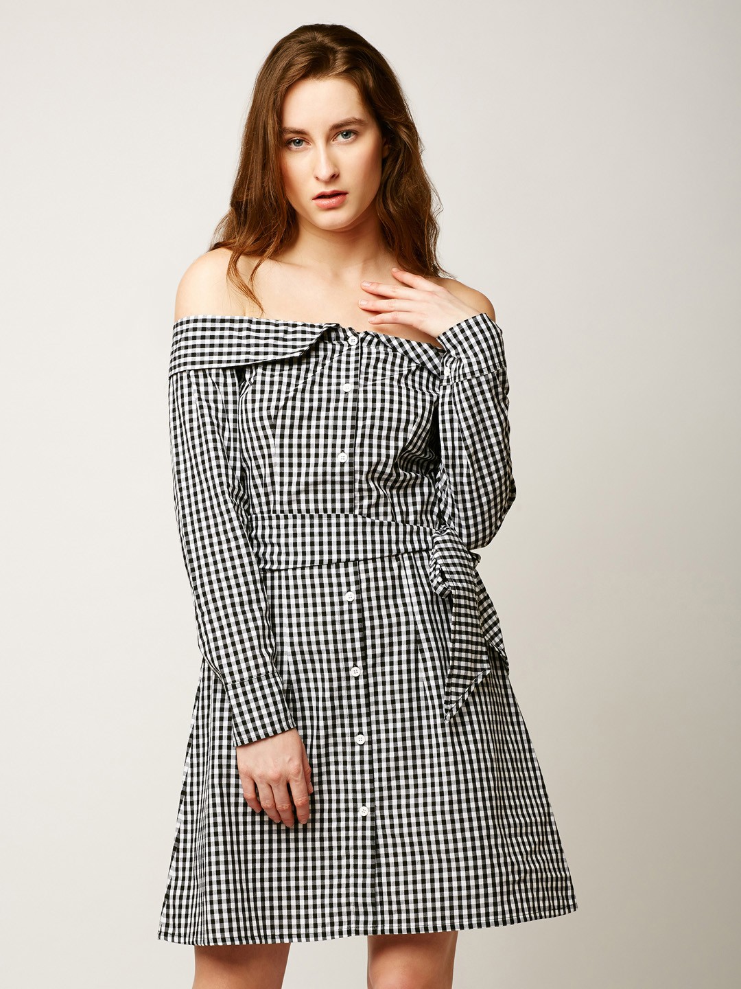

Miss Chase Women Black Gingham Off-Shoulder Shirt Dress