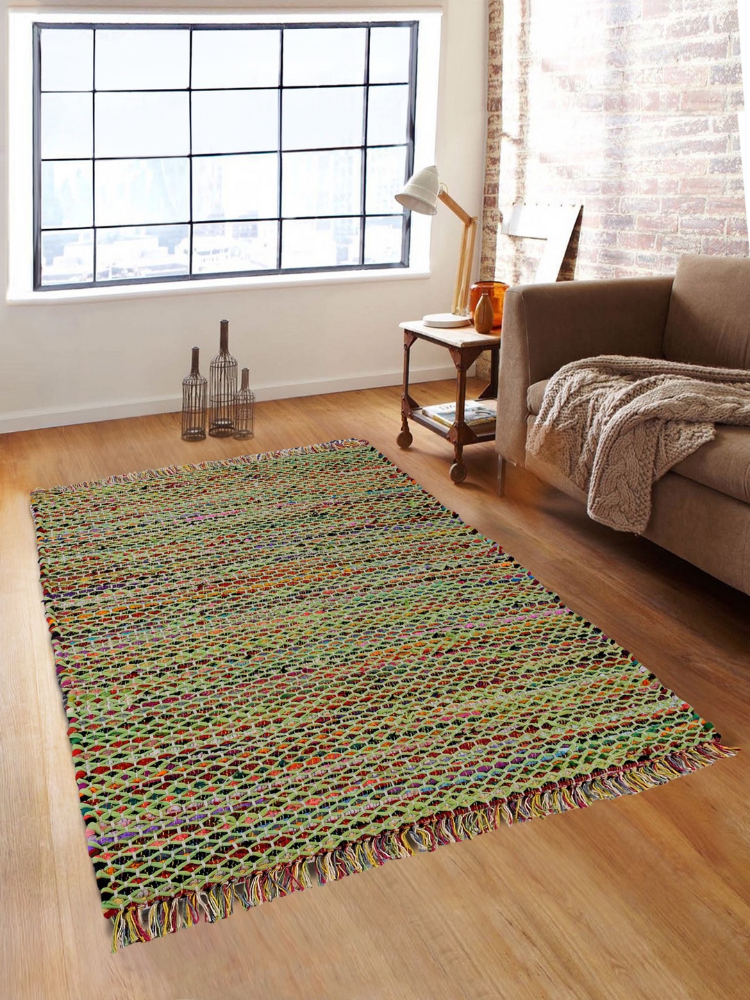 

ROMEE Green & Multicolored Patterned Dhurrie