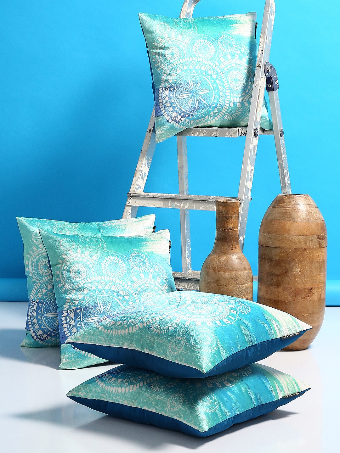 

ROMEE Turquoise Blue Set of 5 Ethnic Motifs Square Cushion Covers