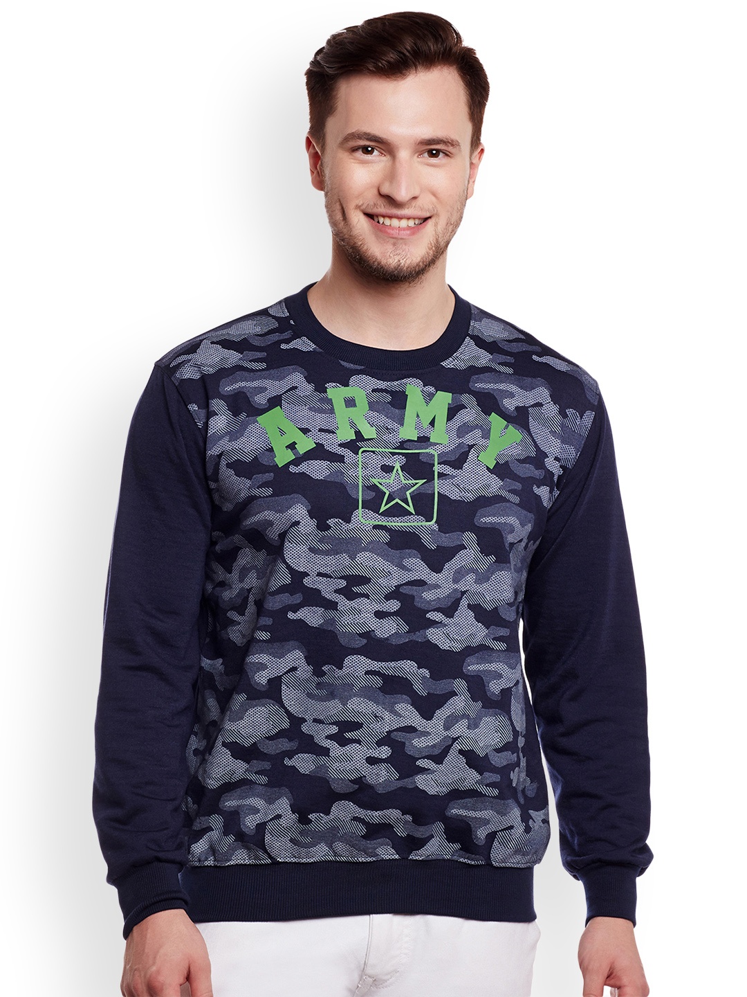 

VIMAL JONNEY Men Navy Blue & Grey Melange Printed Sweatshirt