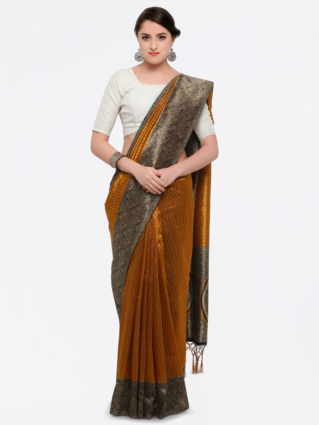 

Saree mall Women Mustard Art Silk Printed Khadi Saree