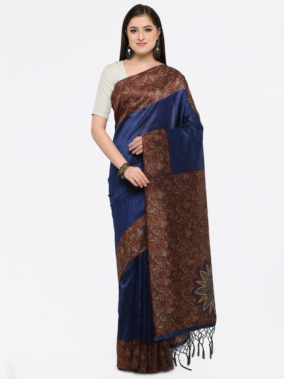 

Saree mall Women Navy Blue Art Silk Printed Khadi Saree