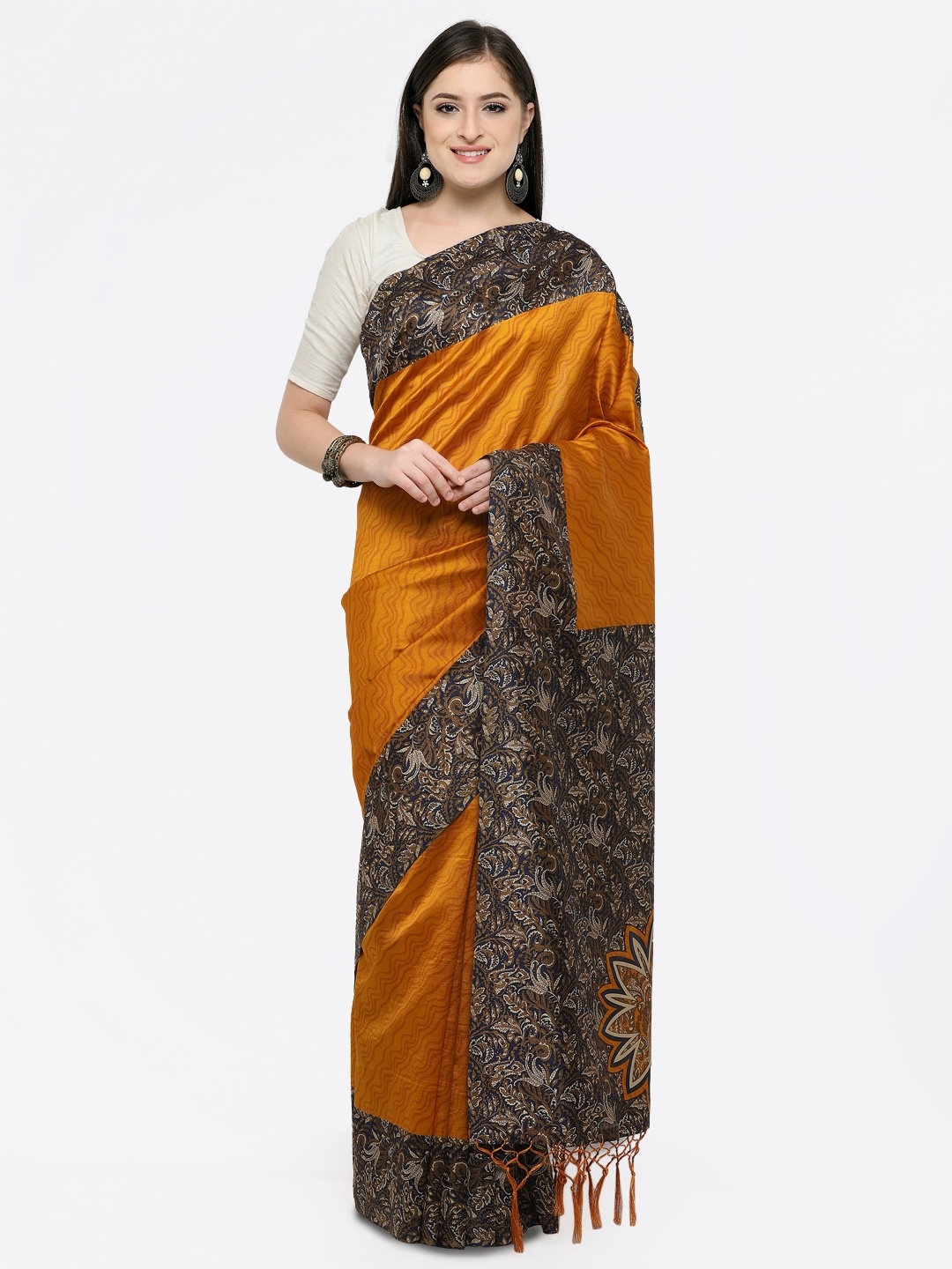 

Saree mall Women Mustard Art Silk Printed Khadi Saree