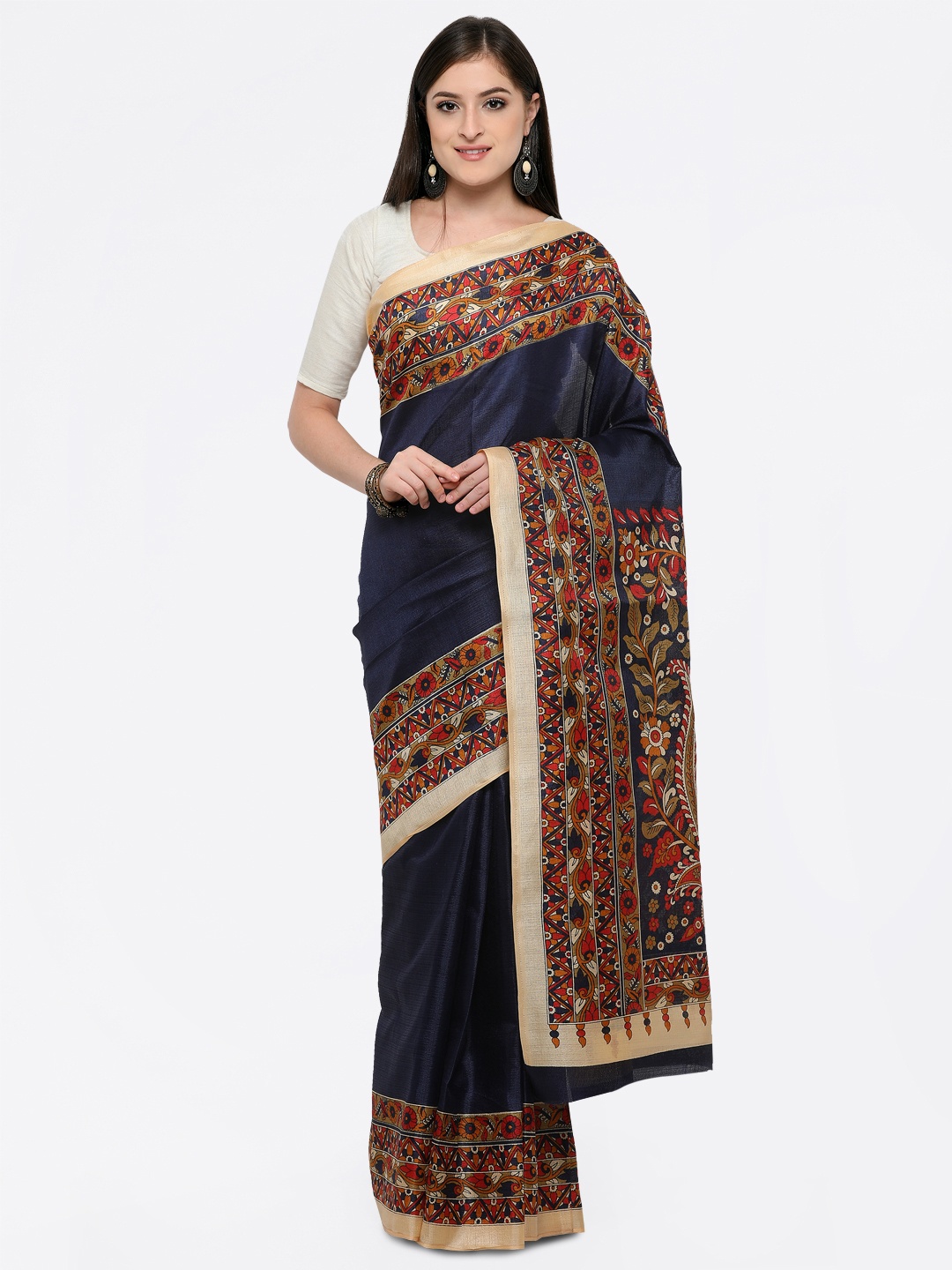 

Saree mall Women Navy Blue Silk Blend Printed Khadi Saree