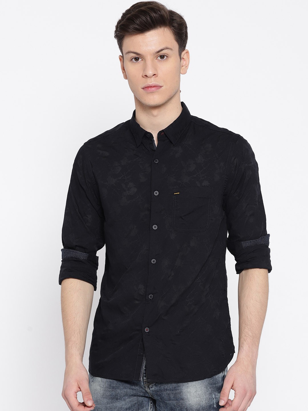 

SPYKAR Men Black & Navy Blue Slim Fit Burnout Effect Casual Shirt