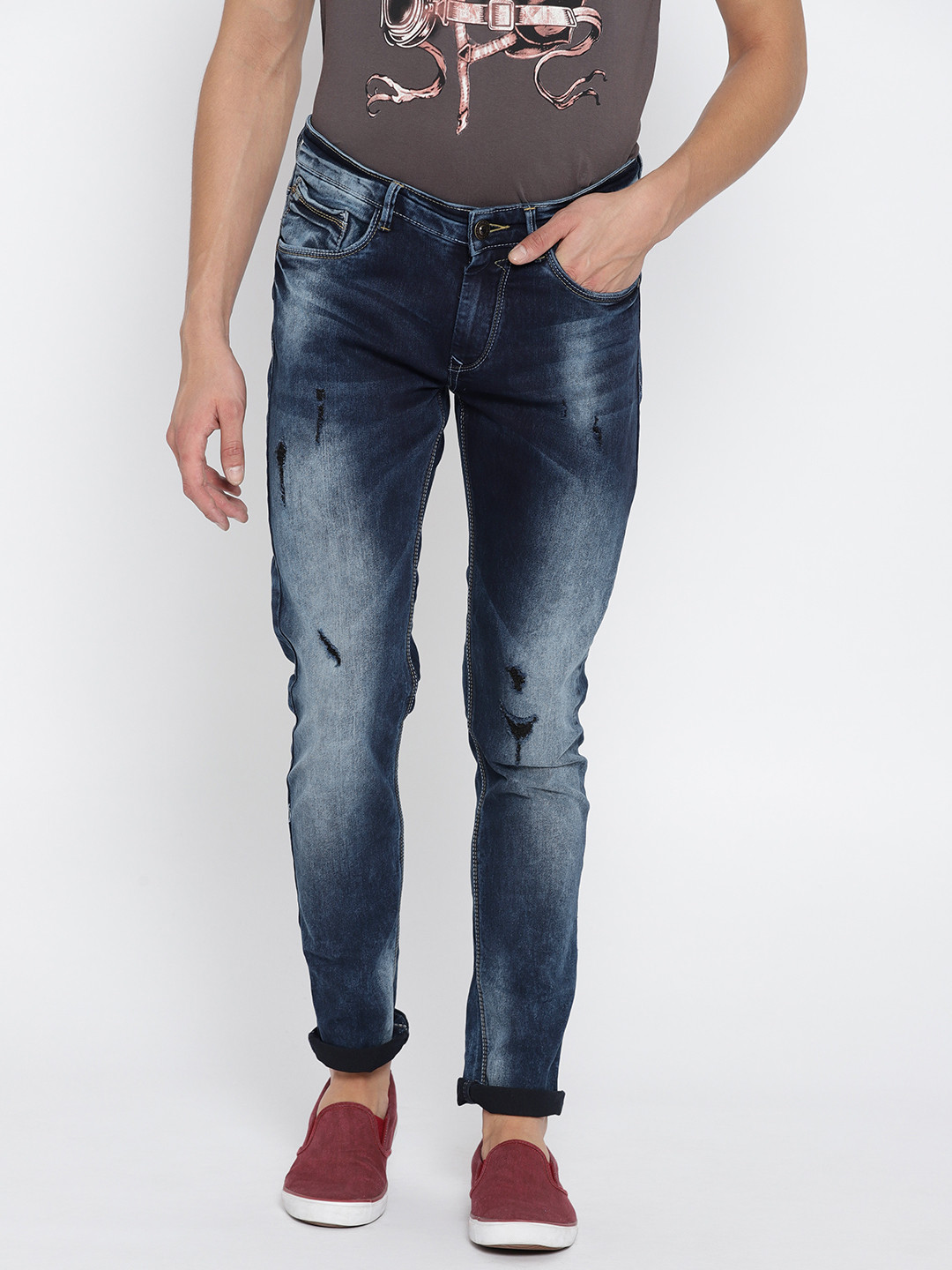 

SPYKAR Men Navy Skinny Fit Low-Rise Low Distress Stretchable Jeans, Navy blue