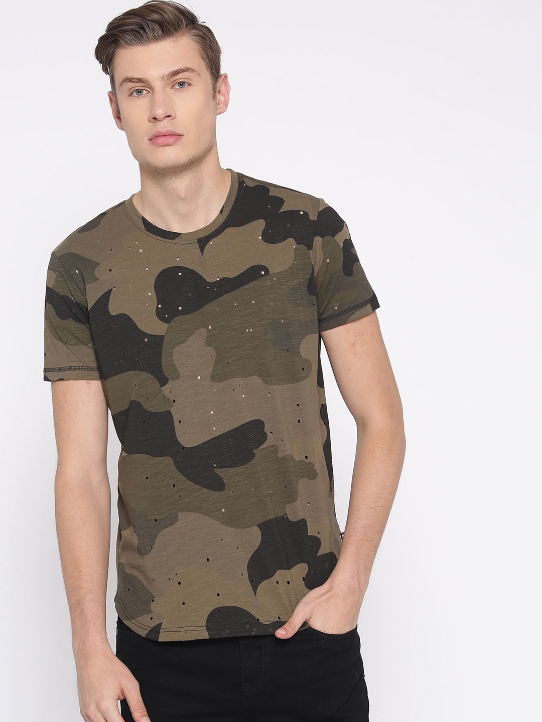 

SPYKAR Men Olive Green Printed Round Neck T-shirt