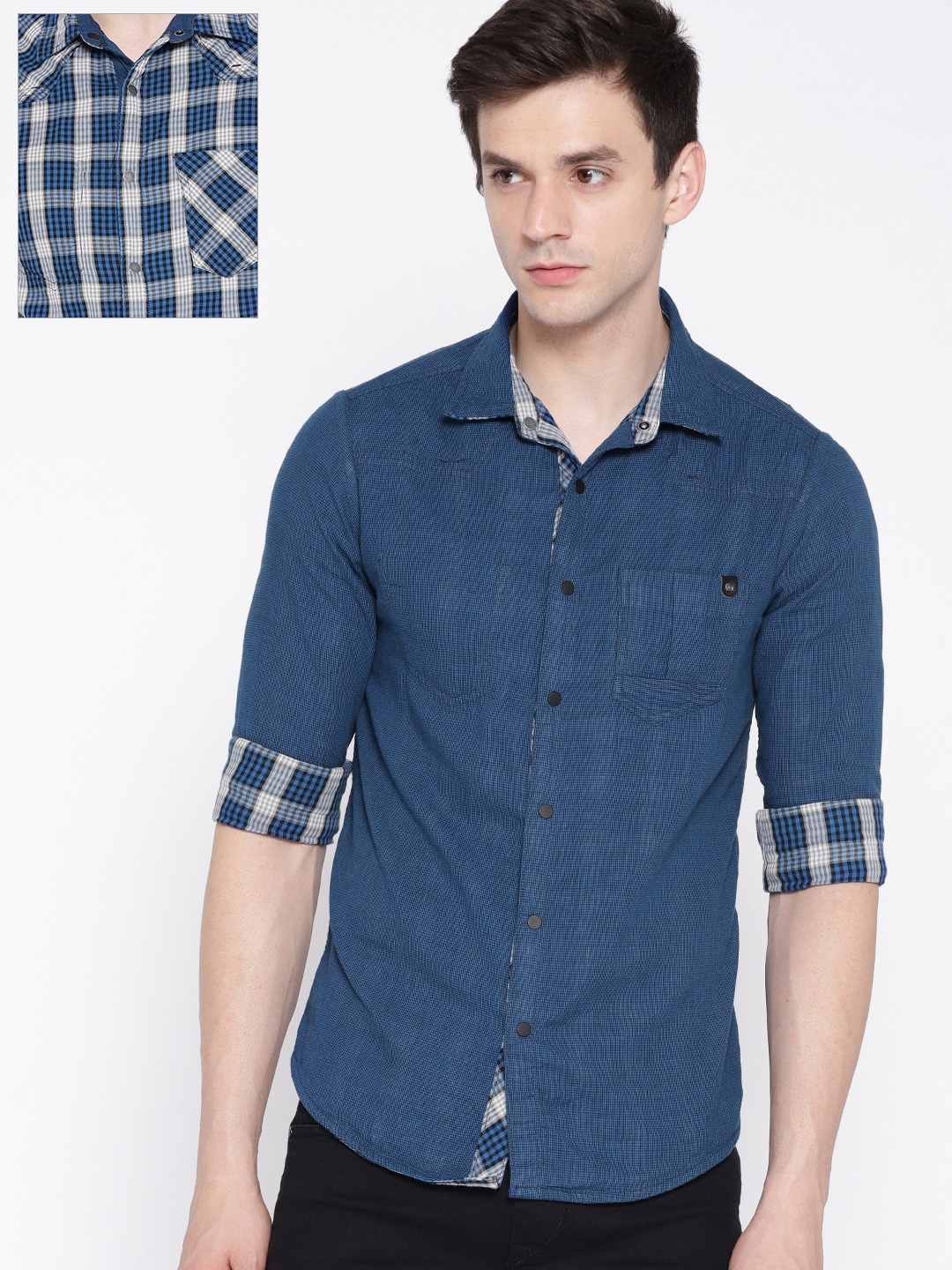 

SPYKAR Men Navy Blue & Off-White Regular Fit Checked Reversible Casual Shirt