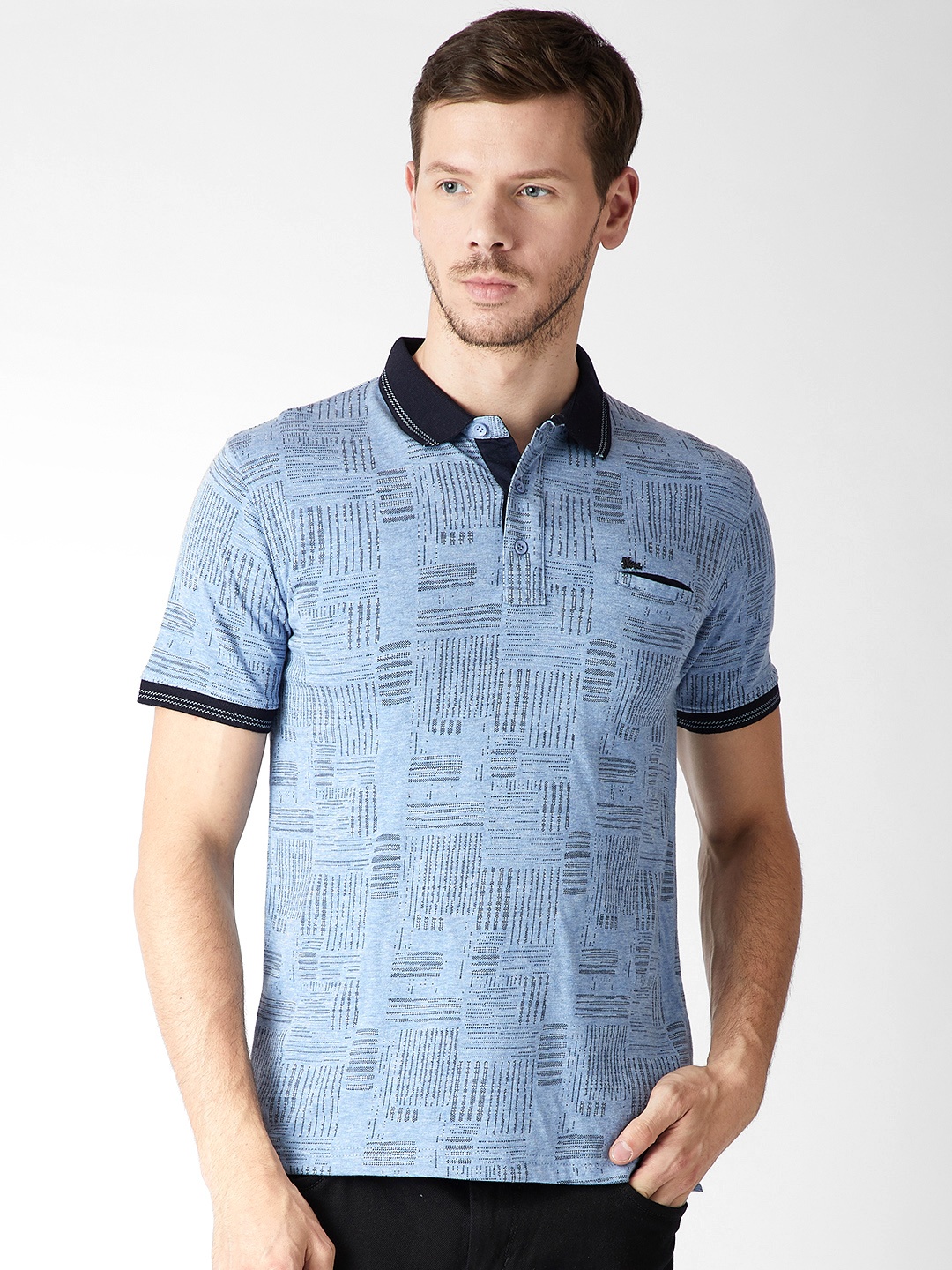 

Okane Men Blue Self Design Polo Collar T-shirt