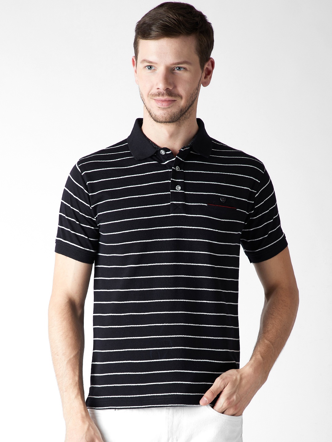 

Okane Men Black & White Striped Polo Collar T-shirt