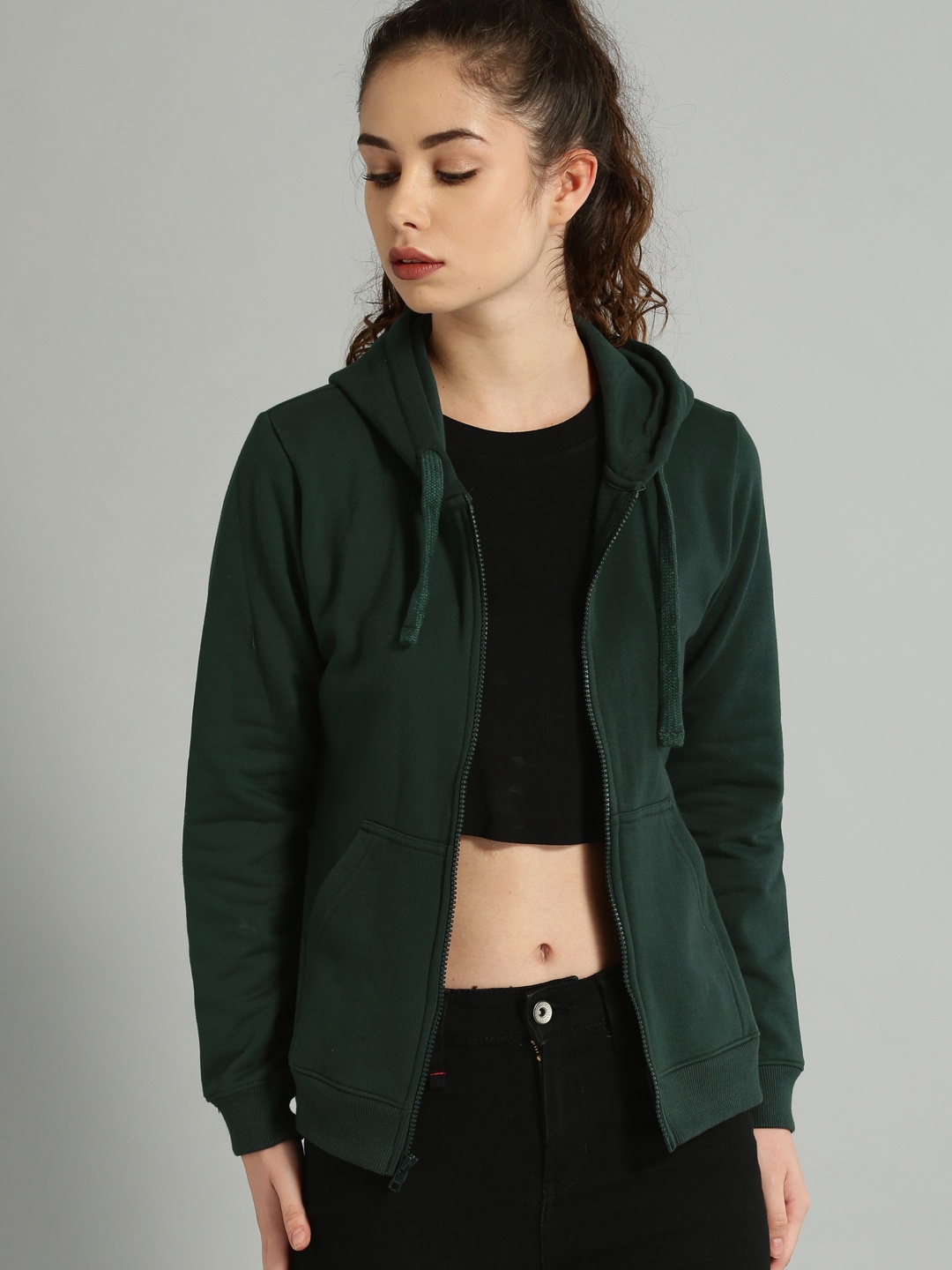 

Roadster Women Green Solid Hooded Sweatshirt
