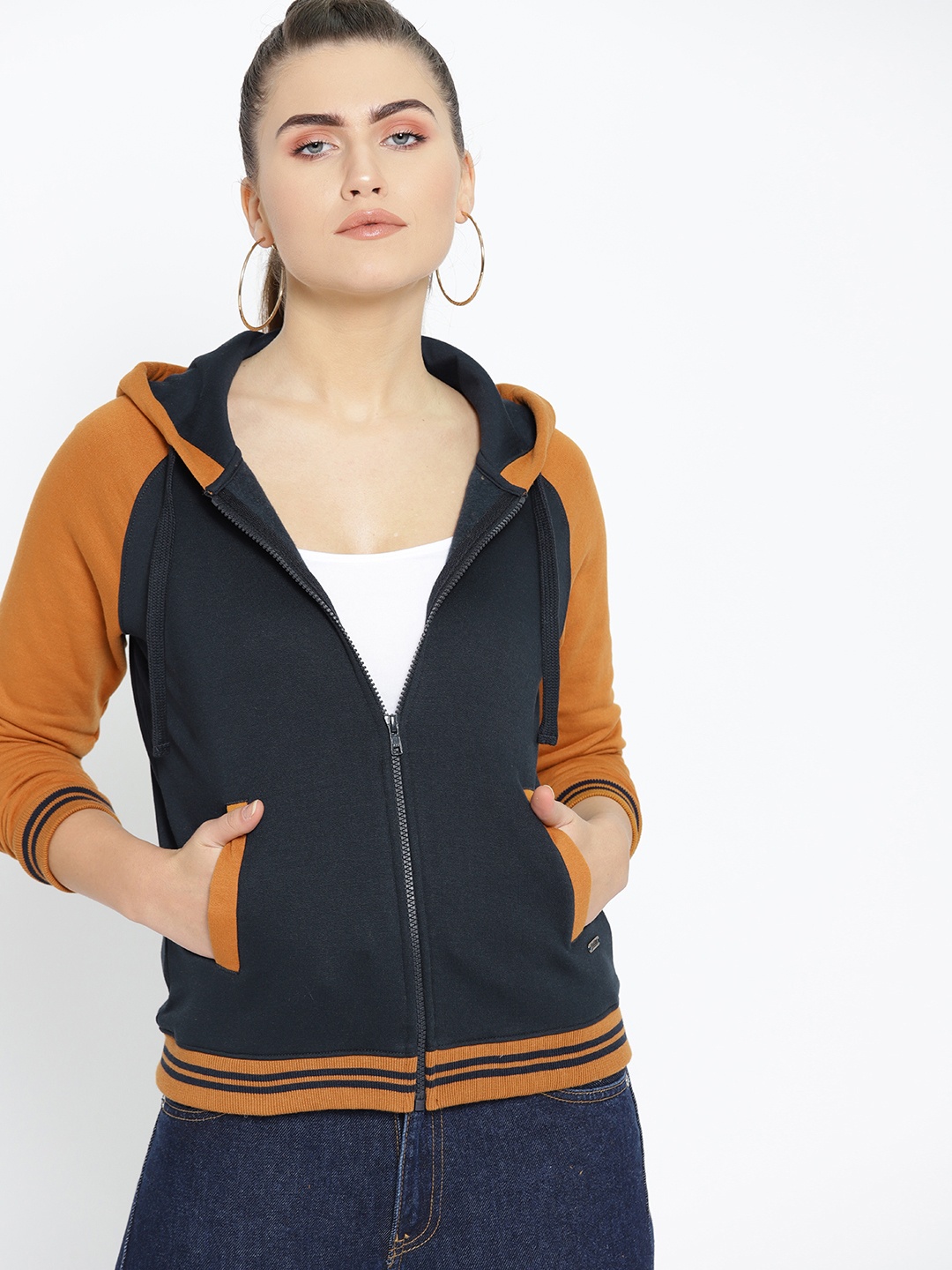 

Roadster Women Navy Blue & Mustard Brown Hooded Sweatshirt