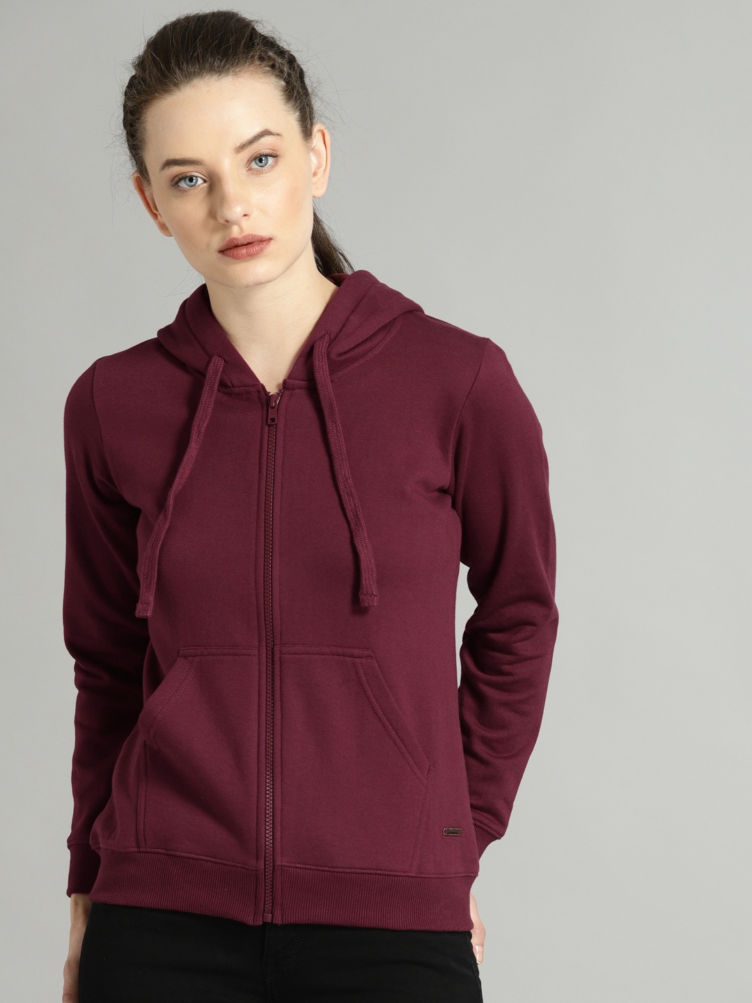 Roadster Women Burgundy Solid Hooded Sweatshirt