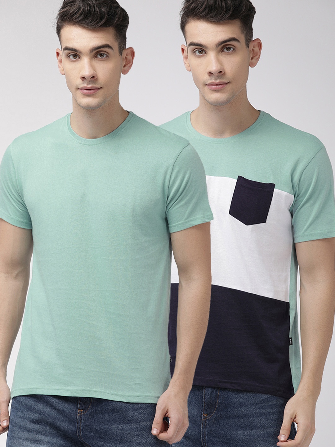 

HIGHLANDER Men Pack of 2 Slim Fit Round Neck Pure Cotton T-shirt, Sea green