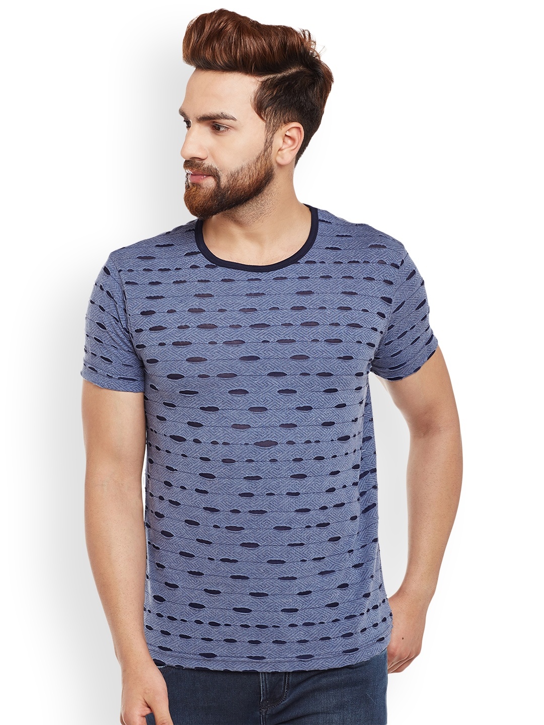 

VIMAL JONNEY Men Blue Self Design Round Neck T-shirt