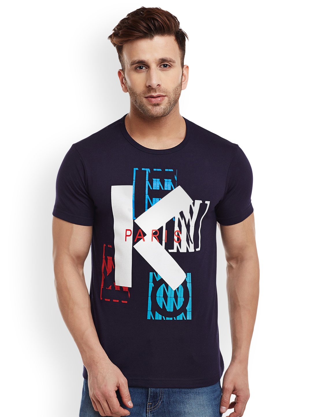 

VIMAL JONNEY Men Navy Blue Printed Round Neck T-shirt