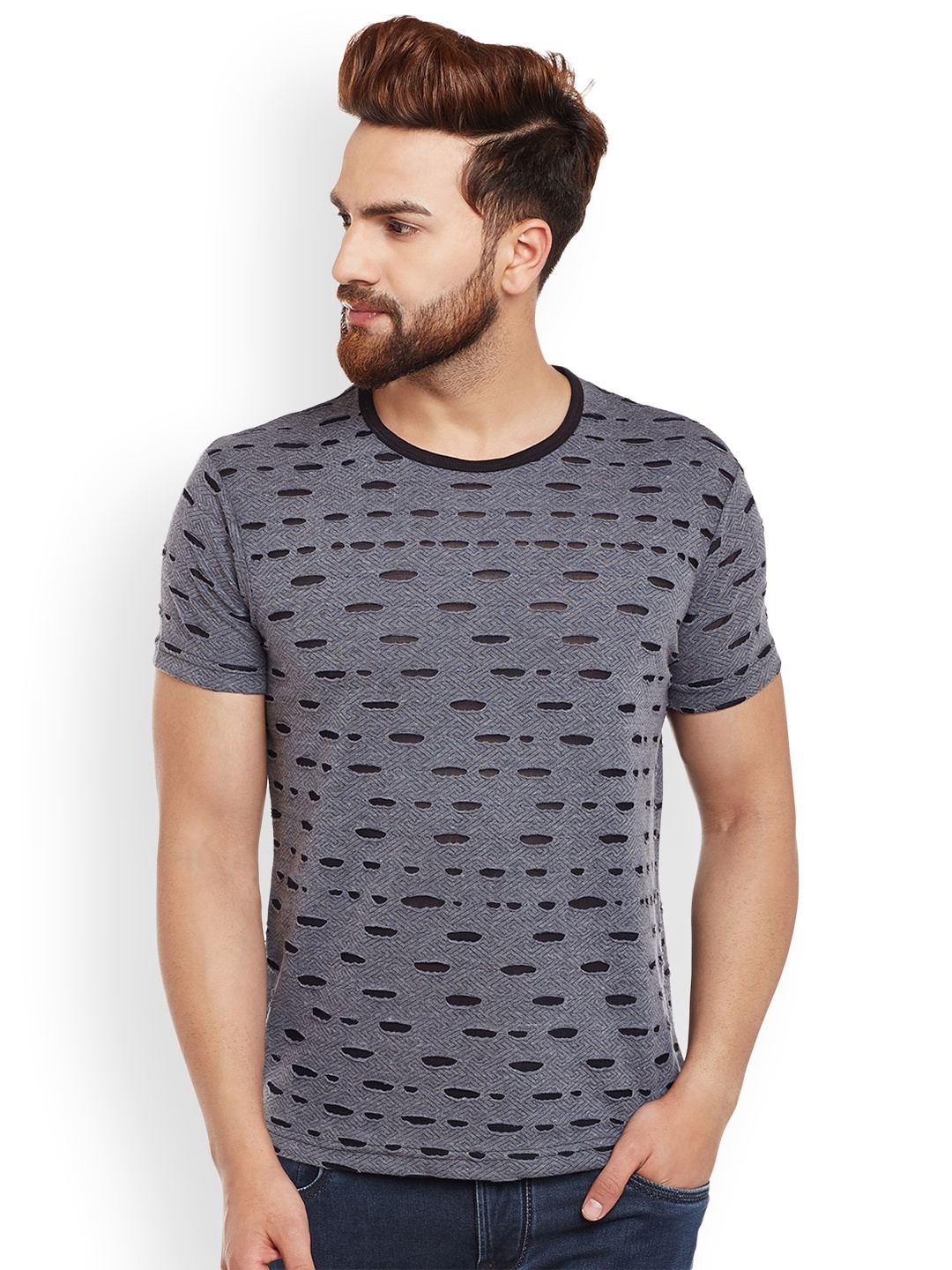 

VIMAL JONNEY Men Grey Self Design Round Neck T-shirt