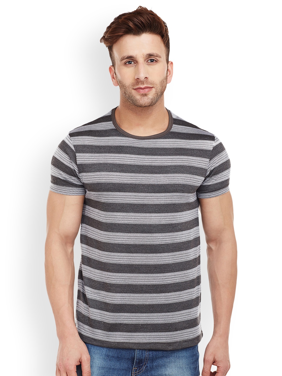 

VIMAL JONNEY Men Grey Striped Round Neck T-shirt