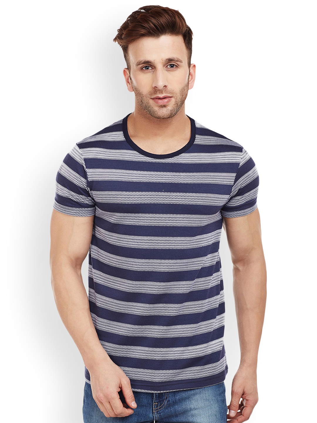 

MACK JONNEY Men Navy Blue Striped Round Neck T-shirt