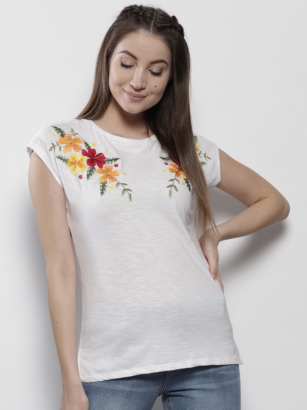 

DOROTHY PERKINS Women White Embroidered Solid Pure Cotton Top