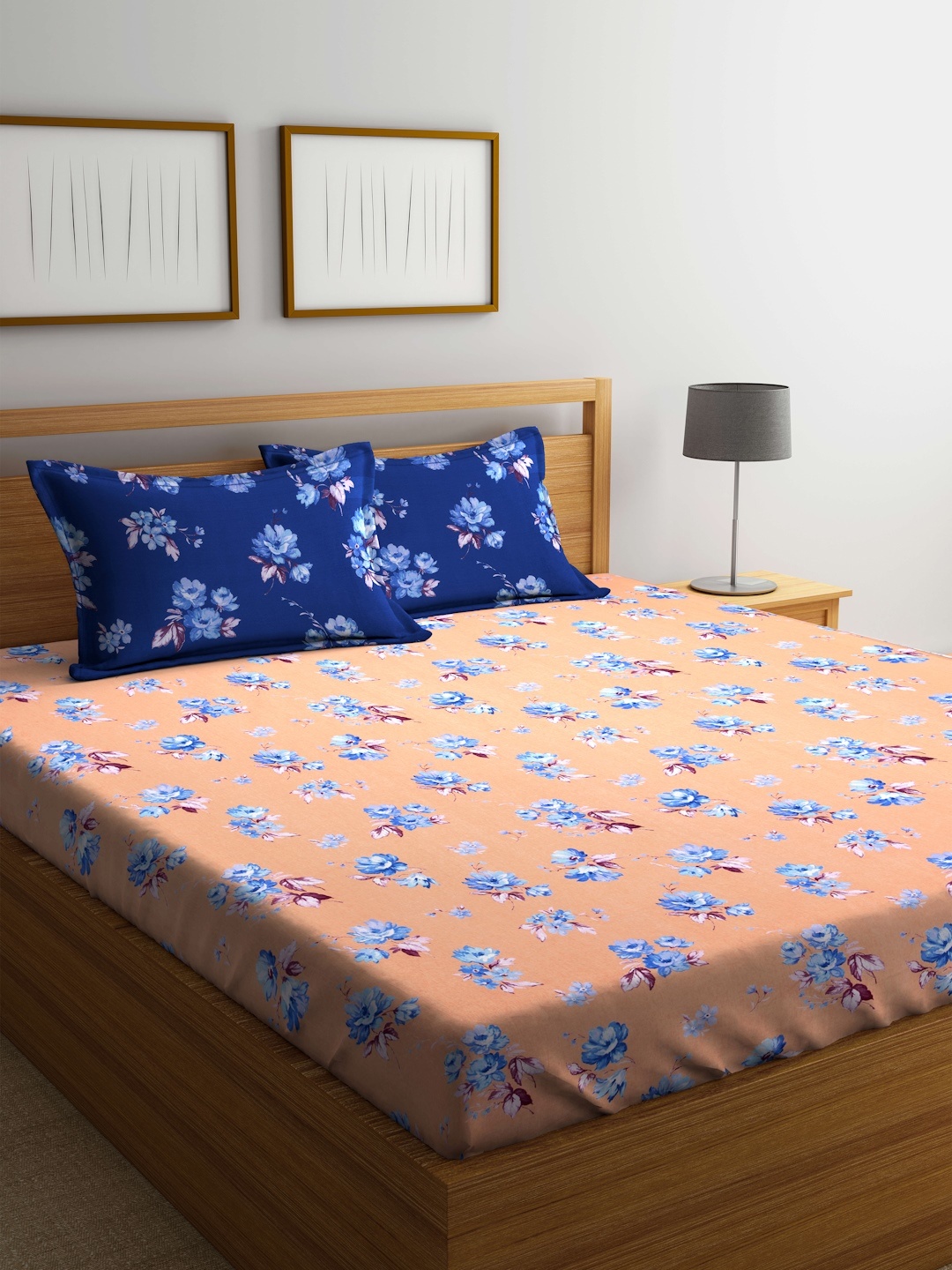 

BOMBAY DYEING Orange Floral Flat 120 TC Cotton 1 King Bedsheet with 2 Pillow Covers